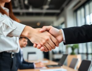 Closeup of business colleagues shaking hands in office